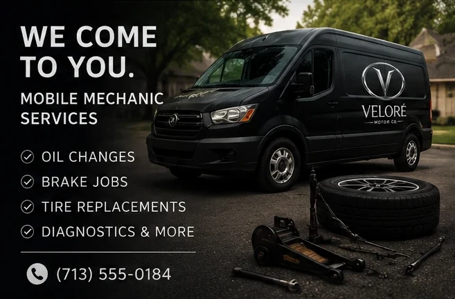 VELORÉ mobile service van with tools and tires, parked in a Houston neighborhood